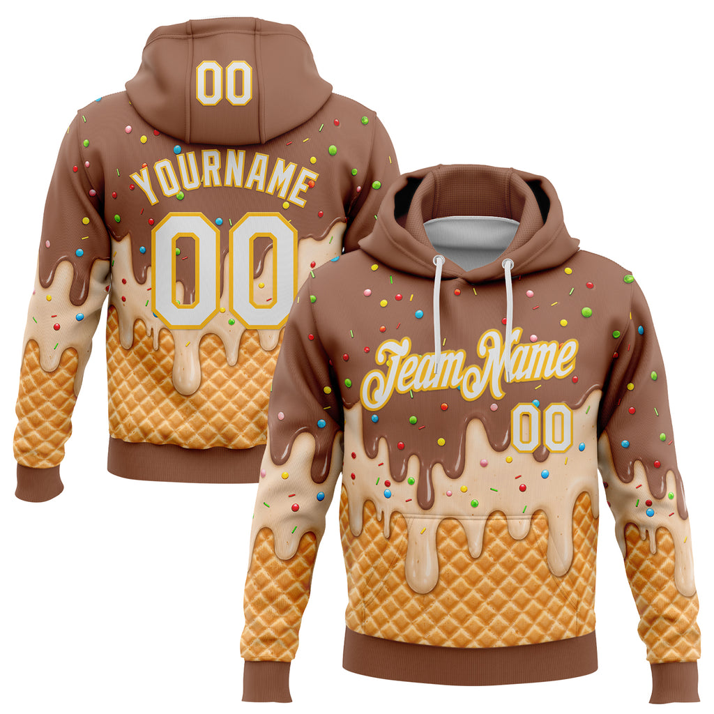 Custom Stitched Caramel Brown White-Gold Ice Cream Waffle Foodie Dessert Pullover Sweatshirt Hoodie