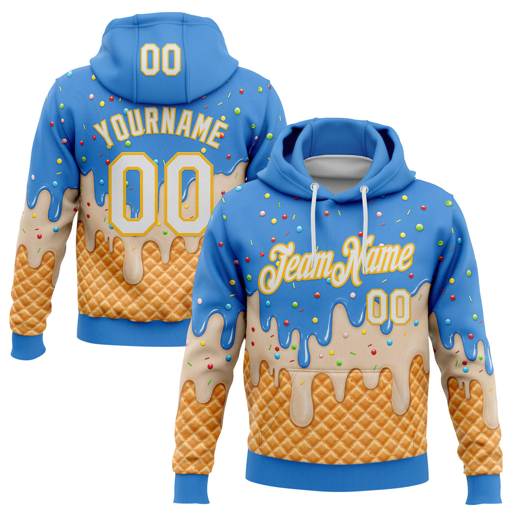 Custom Stitched Powder Blue White-Gold Ice Cream Waffle Foodie Dessert Pullover Sweatshirt Hoodie