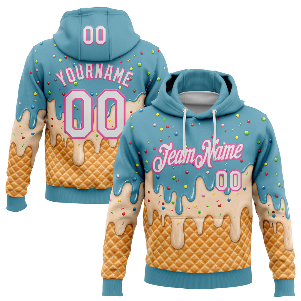 Custom Stitched Mint Aqua White-Pink Ice Cream Waffle Foodie Dessert Pullover Sweatshirt Hoodie