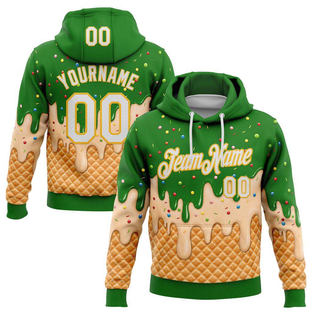 Custom Stitched Light Kelly Green White-Gold Ice Cream Waffle Foodie Dessert Pullover Sweatshirt Hoodie