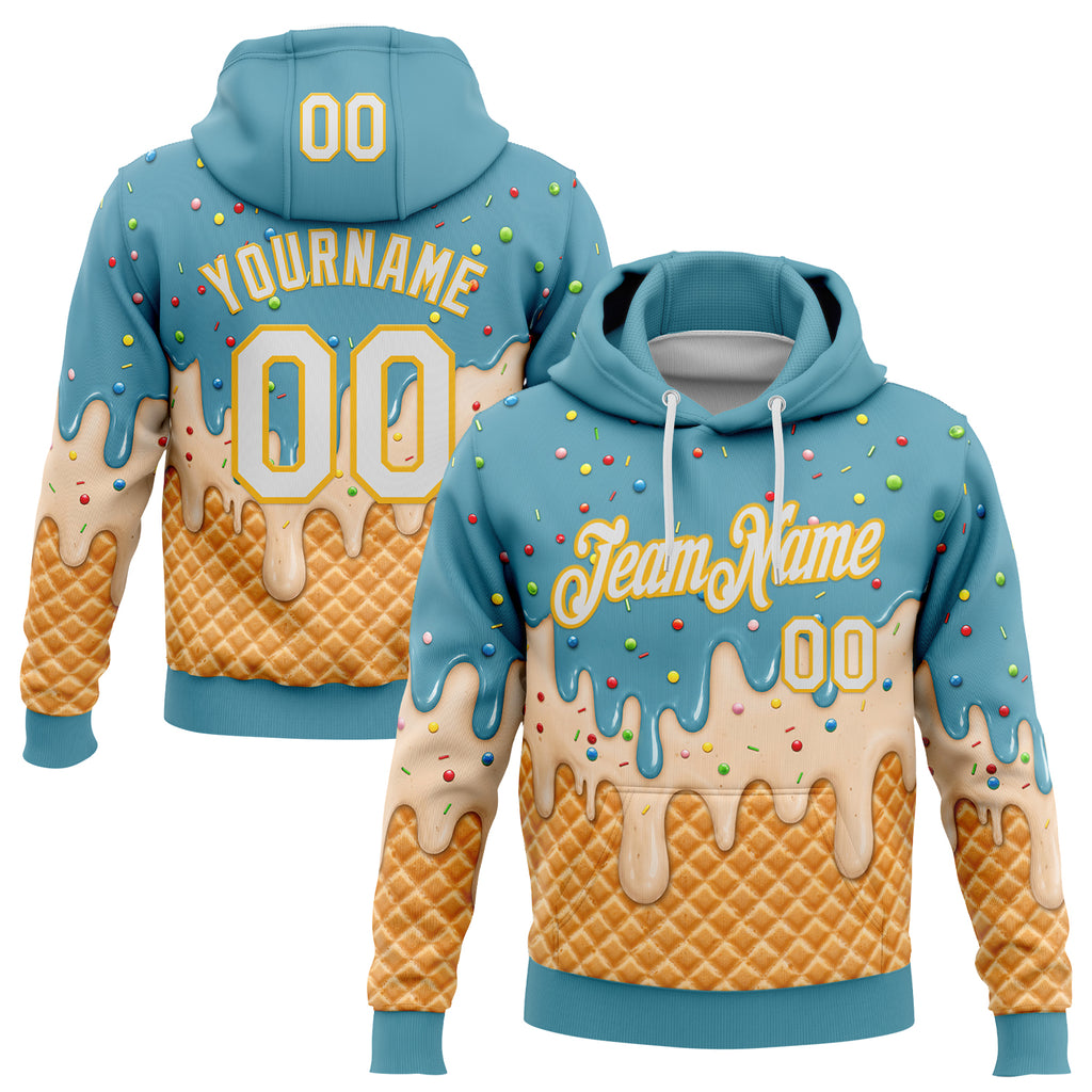 Custom Stitched Mint Aqua White-Gold Ice Cream Waffle Foodie Dessert Pullover Sweatshirt Hoodie
