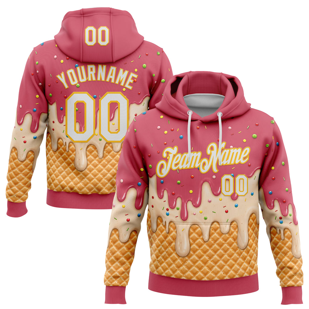 Custom Stitched Medium Red White-Gold Ice Cream Waffle Foodie Dessert Pullover Sweatshirt Hoodie