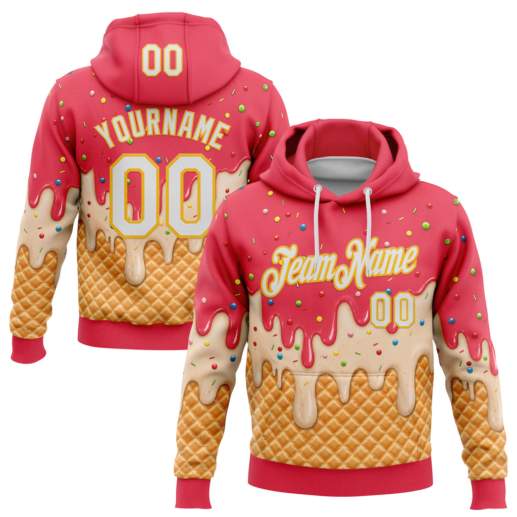 Custom Stitched Coral Red White-Gold Ice Cream Waffle Foodie Dessert Pullover Sweatshirt Hoodie