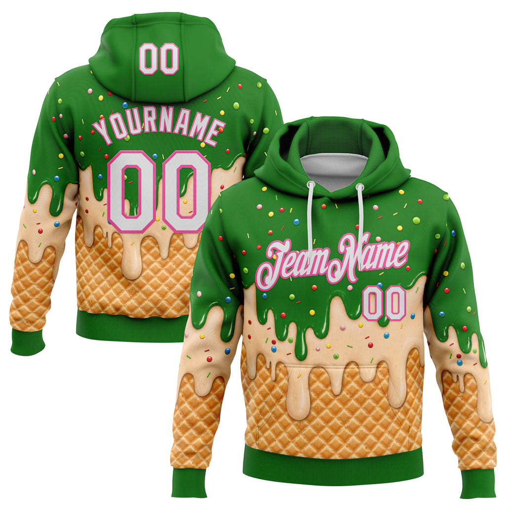 Custom Stitched Light Kelly Green White-Pink Ice Cream Waffle Foodie Dessert Pullover Sweatshirt Hoodie