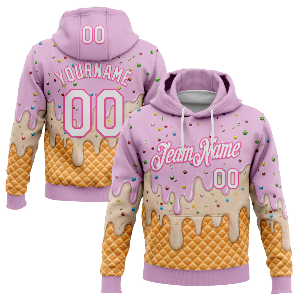Custom Stitched Light Pink White-Pink Ice Cream Waffle Foodie Dessert Pullover Sweatshirt Hoodie