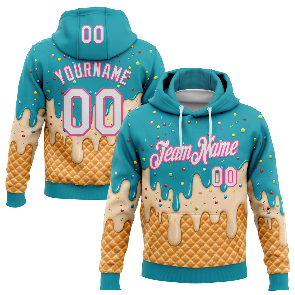 Custom Stitched Aqua White-Pink Ice Cream Waffle Foodie Dessert Pullover Sweatshirt Hoodie