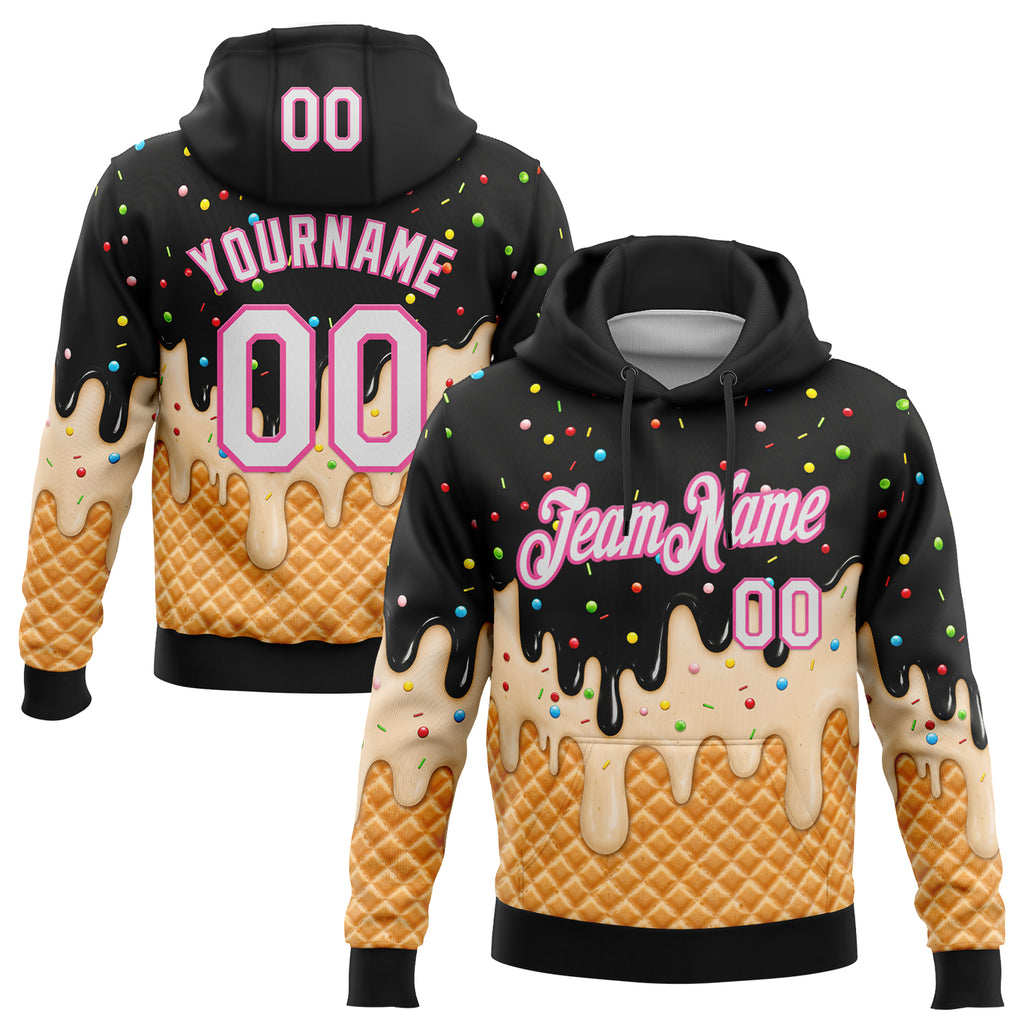 Custom Stitched Black White-Pink Ice Cream Waffle Foodie Dessert Pullover Sweatshirt Hoodie