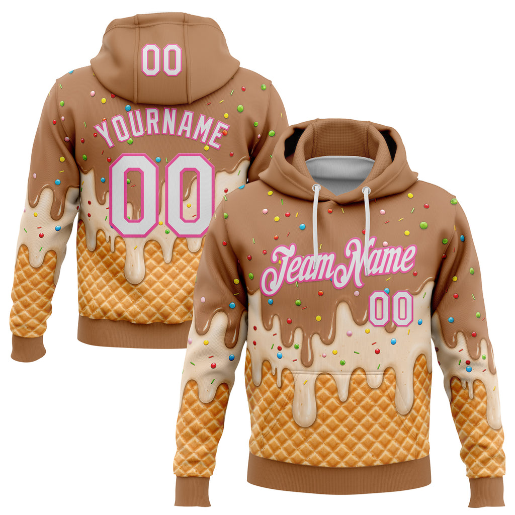Custom Stitched Tan White-Pink Ice Cream Waffle Foodie Dessert Pullover Sweatshirt Hoodie