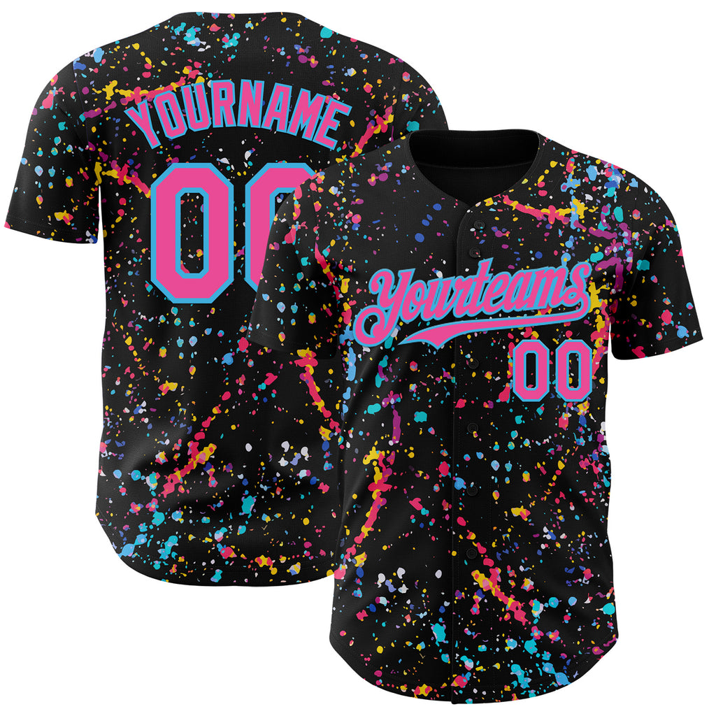 Custom Black Pink-Sky Blue Graffiti Pattern Paint Splatter Authentic Baseball Jersey