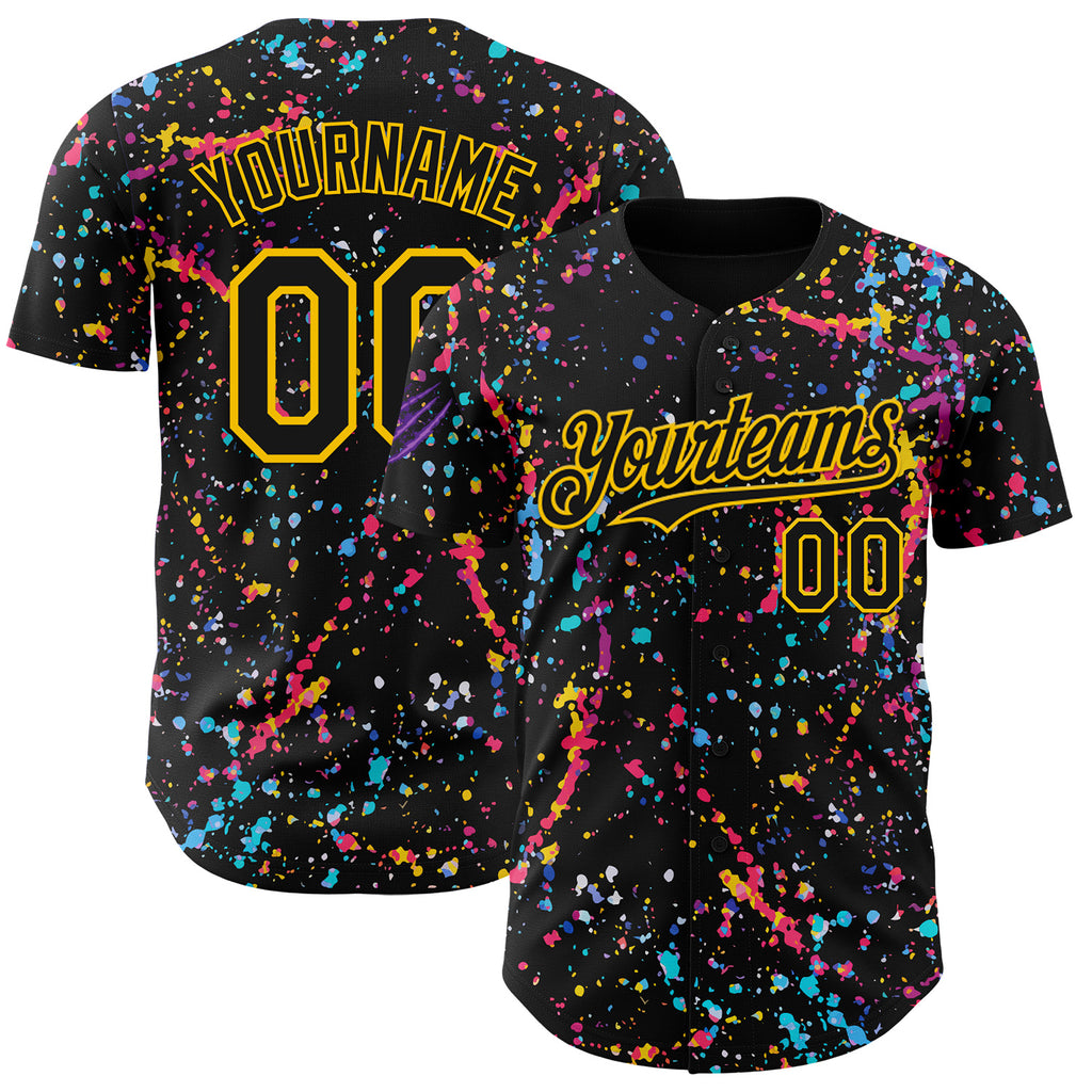 Custom Black-Yellow Graffiti Pattern Paint Splatter Authentic Baseball Jersey