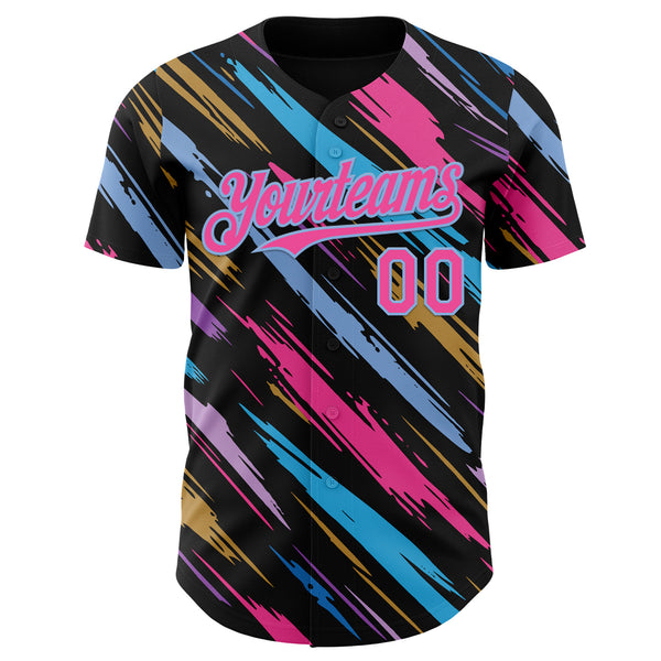 Custom Black Pink-Light Blue Multicolor Brush Stroke Authentic Baseball Jersey