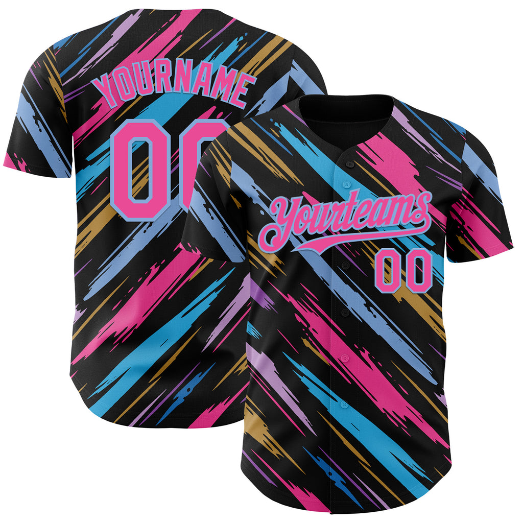 Custom Black Pink-Light Blue Multicolor Brush Stroke Authentic Baseball Jersey