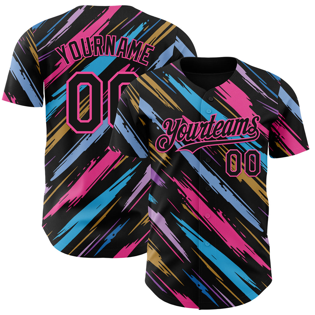 Custom Black-Pink Multicolor Brush Stroke Authentic Baseball Jersey