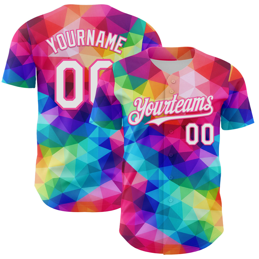 Custom Rainbow White Pink-Black Multicolor Geometric Grid Diamond Authentic Baseball Jersey