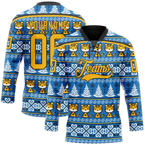 Custom Light Blue Gold-Black Christmas Tree And Tiger 3D Hockey Lace Neck Jersey