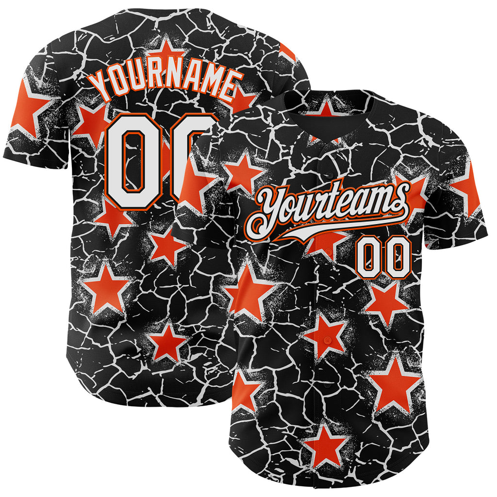 Custom Black White-Orange Cracked Pattern Graffiti Stars Authentic Baseball Jersey