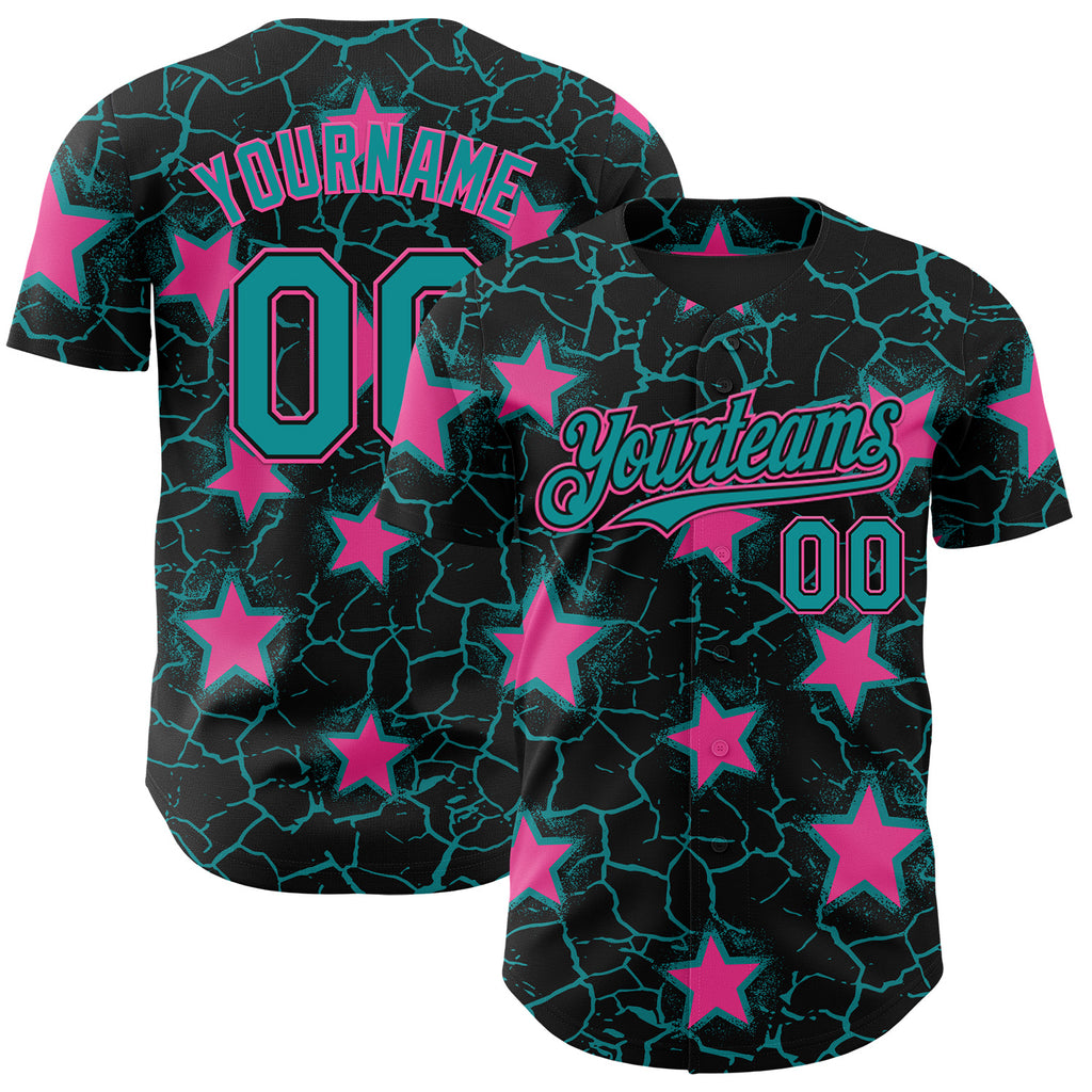 Custom Black Teal-Pink Cracked Pattern Graffiti Stars Authentic Baseball Jersey