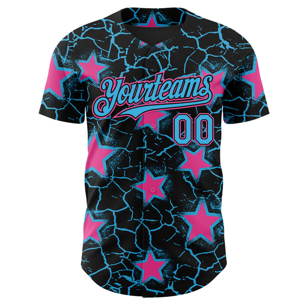 Custom Black Sky Blue-Pink Cracked Pattern Graffiti Stars Authentic Baseball Jersey