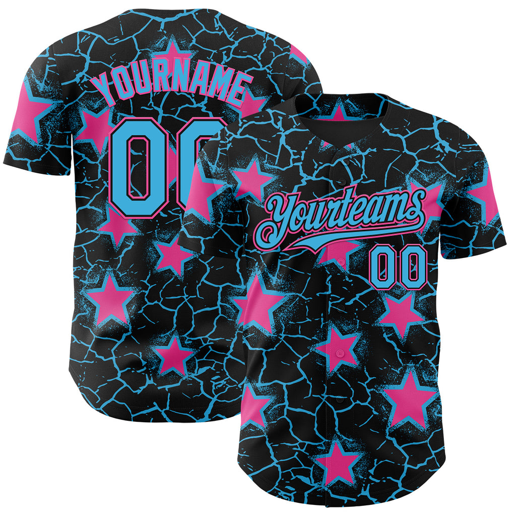 Custom Black Sky Blue-Pink Cracked Pattern Graffiti Stars Authentic Baseball Jersey
