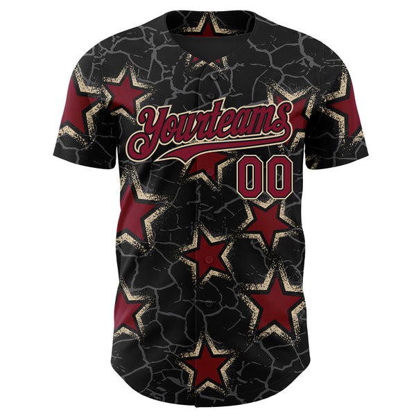 Custom Black Crimson-Cream Cracked Pattern Graffiti Stars Authentic Baseball Jersey