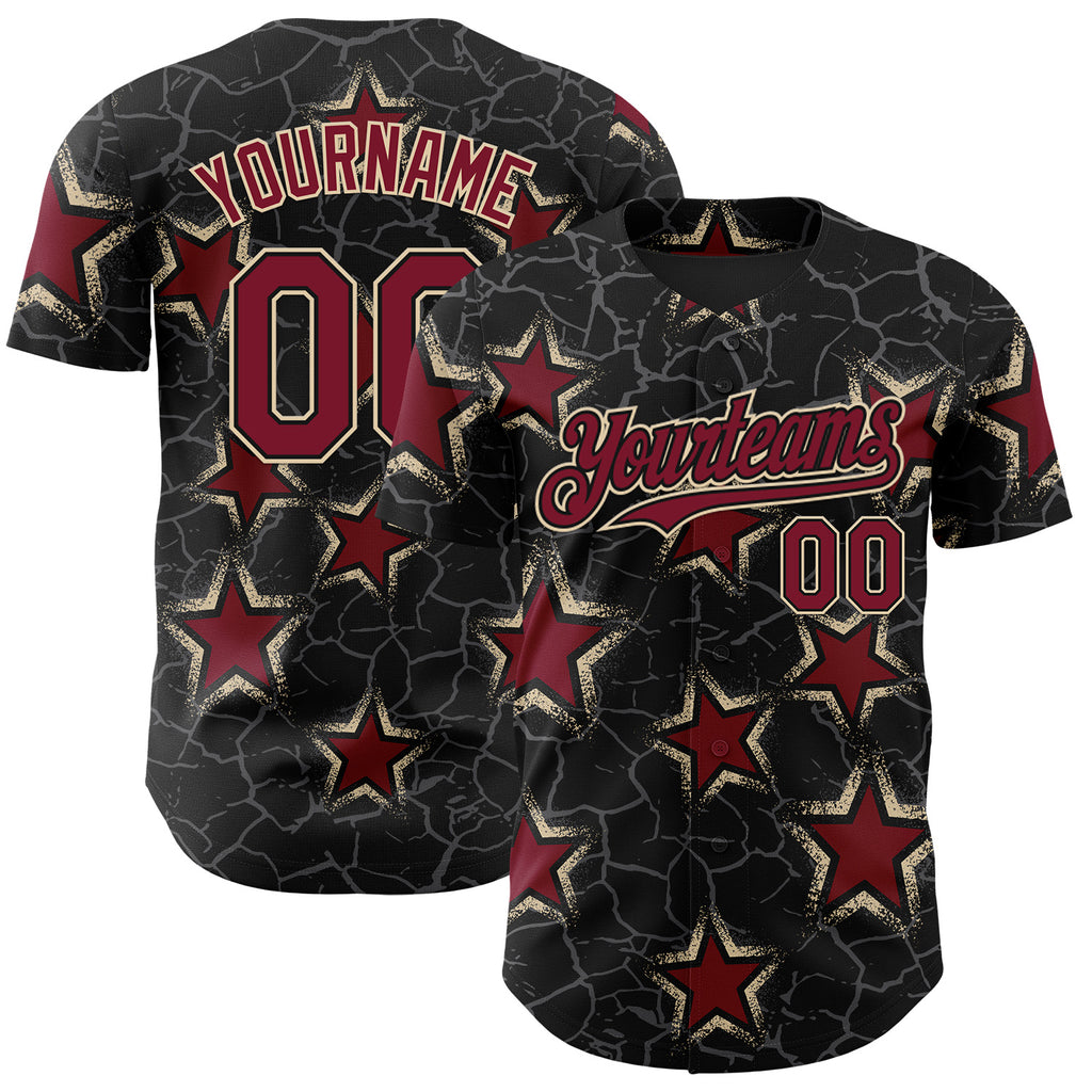 Custom Black Crimson-Cream Cracked Pattern Graffiti Stars Authentic Baseball Jersey