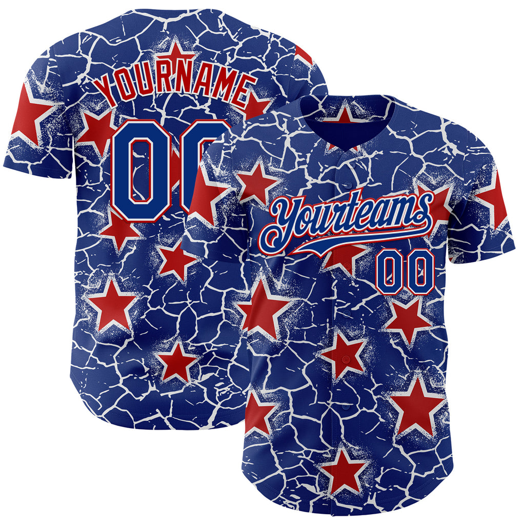 Custom Royal White-Red Cracked Pattern Graffiti Stars Authentic Baseball Jersey