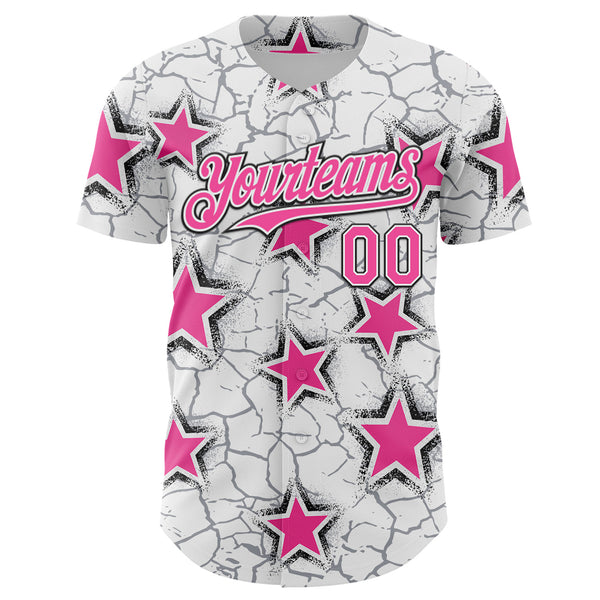 Custom White Pink-Black Cracked Pattern Graffiti Stars Authentic Baseball Jersey