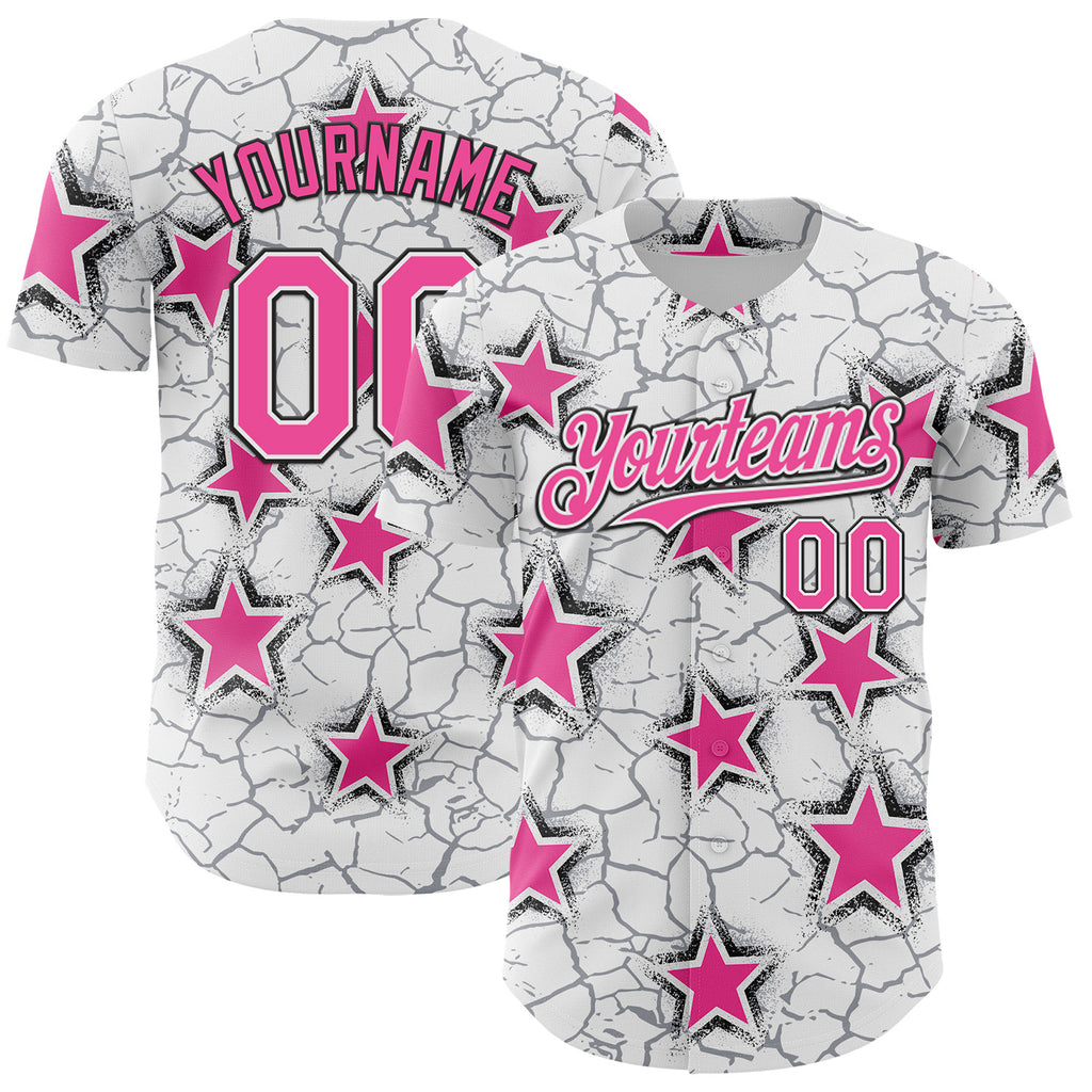 Custom White Pink-Black Cracked Pattern Graffiti Stars Authentic Baseball Jersey