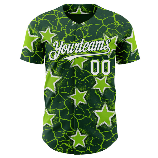 Custom Green White-Neon Green Cracked Pattern Graffiti Stars Authentic Baseball Jersey