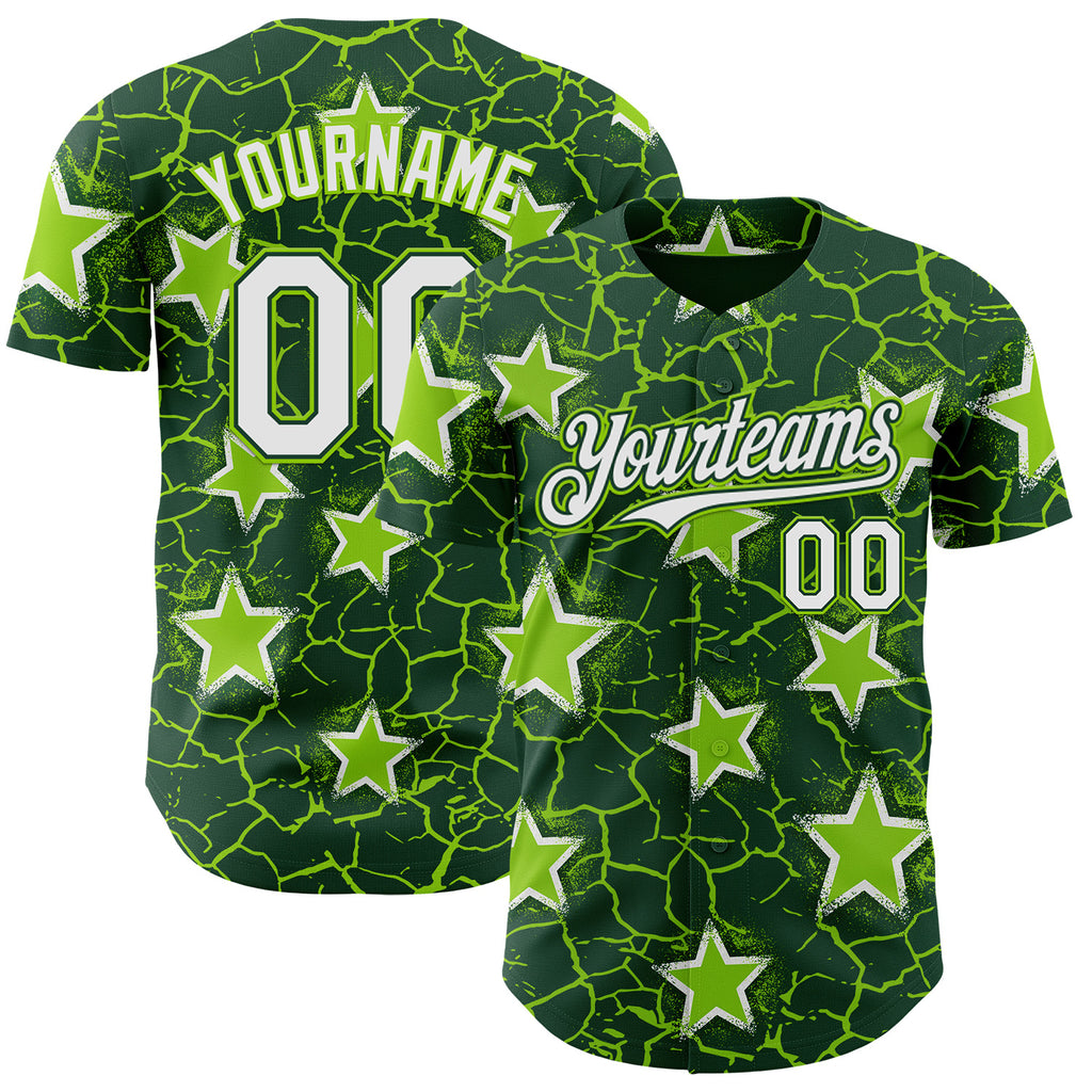 Custom Green White-Neon Green Cracked Pattern Graffiti Stars Authentic Baseball Jersey