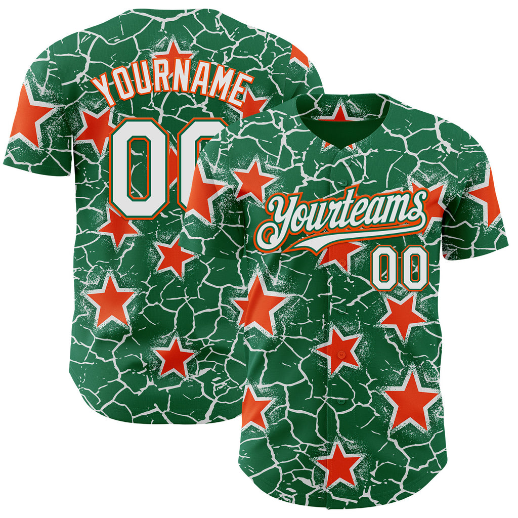 Custom Kelly Green White-Orange Cracked Pattern Graffiti Stars Authentic Baseball Jersey