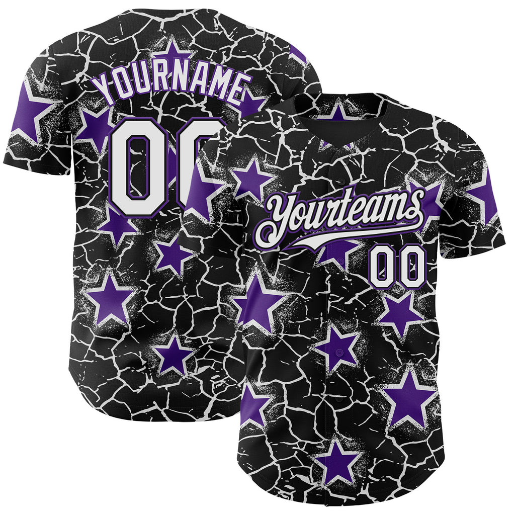 Custom Black White-Purple Cracked Pattern Graffiti Stars Authentic Baseball Jersey
