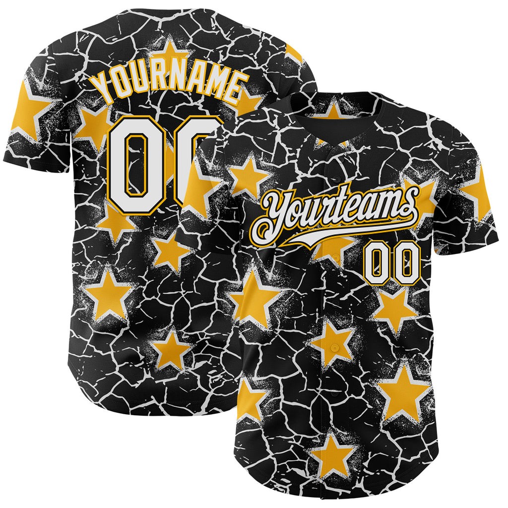 Custom Black White-Gold Cracked Pattern Graffiti Stars Authentic Baseball Jersey