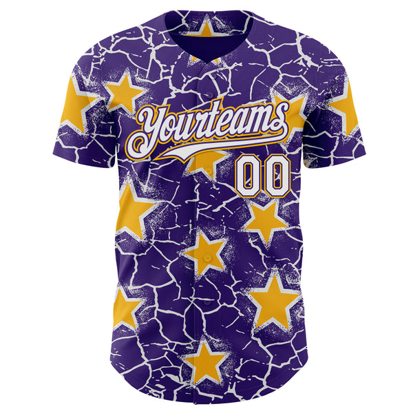 Custom Purple White-Gold Cracked Pattern Graffiti Stars Authentic Baseball Jersey