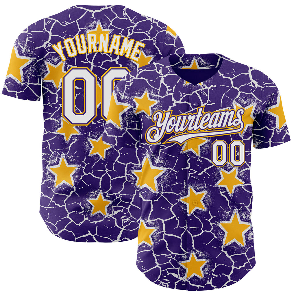 Custom Purple White-Gold Cracked Pattern Graffiti Stars Authentic Baseball Jersey