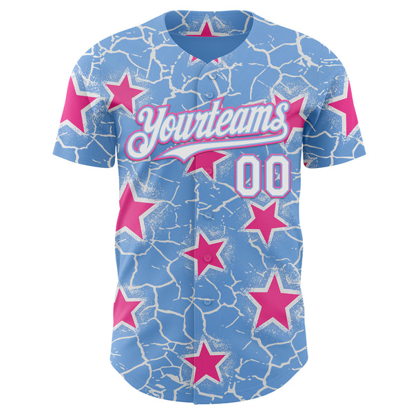 Custom Light Blue White-Pink Cracked Pattern Graffiti Stars Authentic Baseball Jersey