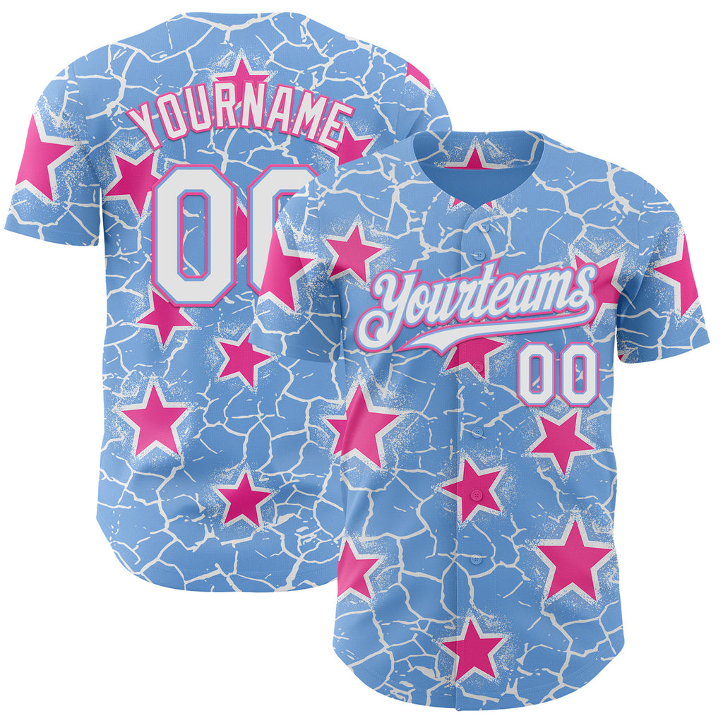 Custom Light Blue White-Pink Cracked Pattern Graffiti Stars Authentic Baseball Jersey