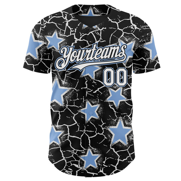 Custom Black White-Light Blue Cracked Pattern Graffiti Stars Authentic Baseball Jersey