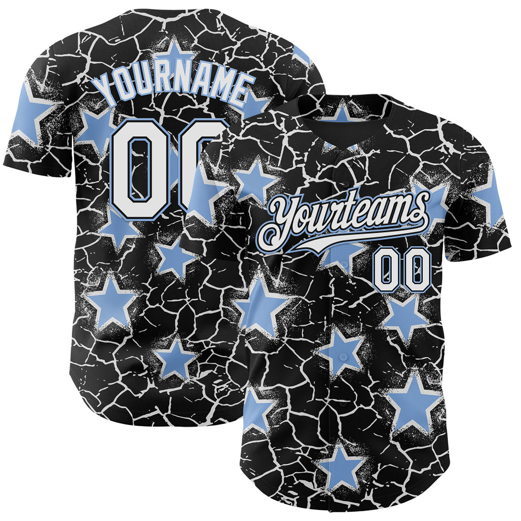 Custom Black White-Light Blue Cracked Pattern Graffiti Stars Authentic Baseball Jersey