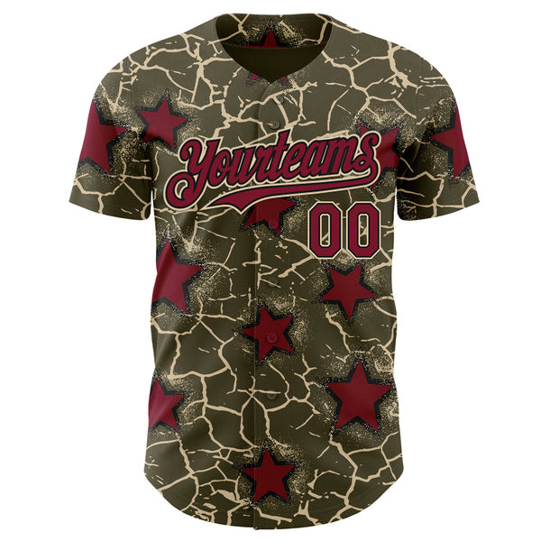 Custom Olive Crimson Black-Cream Cracked Pattern Graffiti Stars Authentic Baseball Jersey