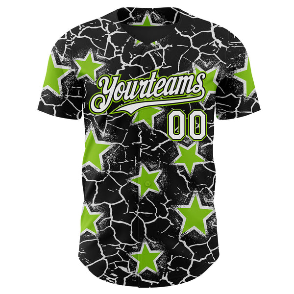 Custom Black White-Neon Green Cracked Pattern Graffiti Stars Authentic Baseball Jersey