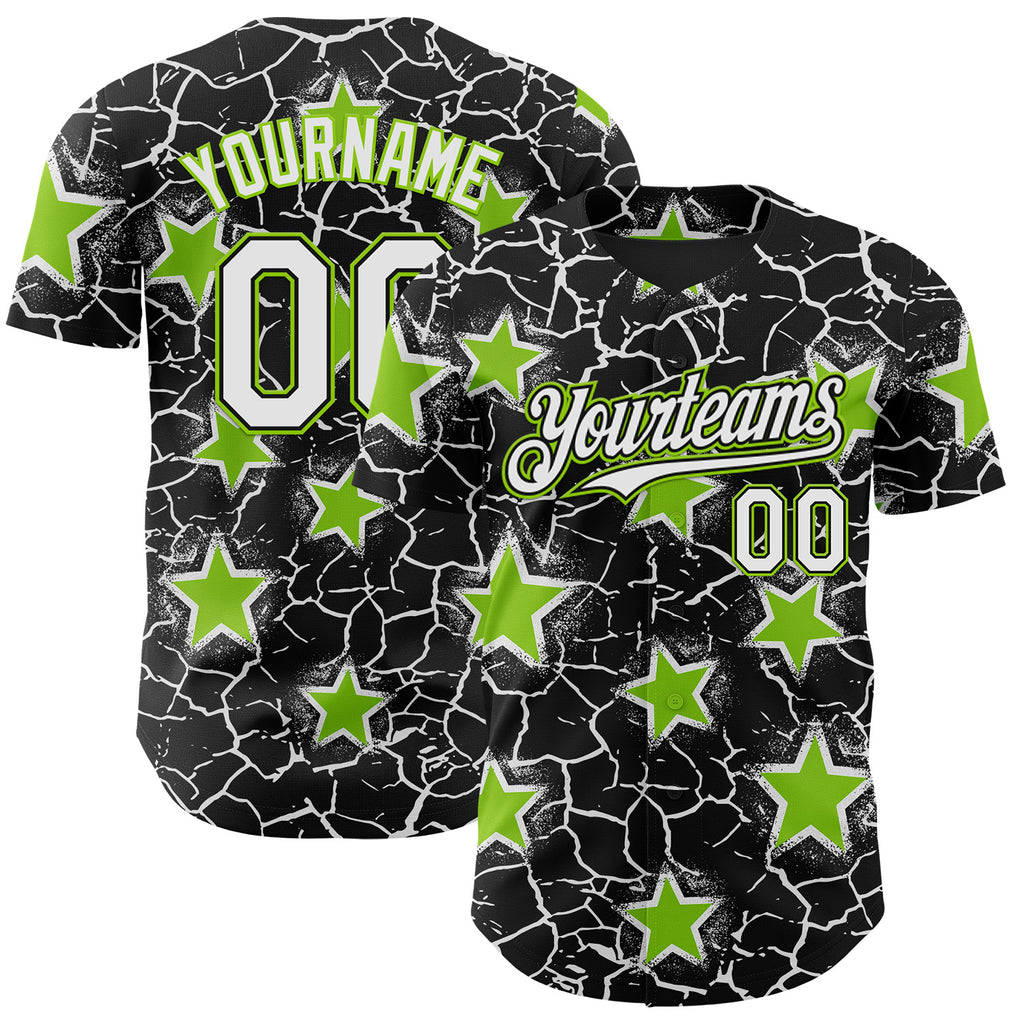 Custom Black White-Neon Green Cracked Pattern Graffiti Stars Authentic Baseball Jersey