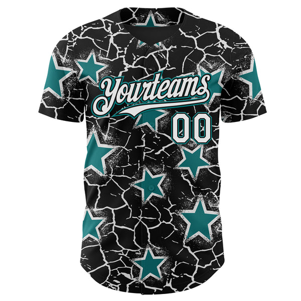 Custom Black White-Teal Cracked Pattern Graffiti Stars Authentic Baseball Jersey