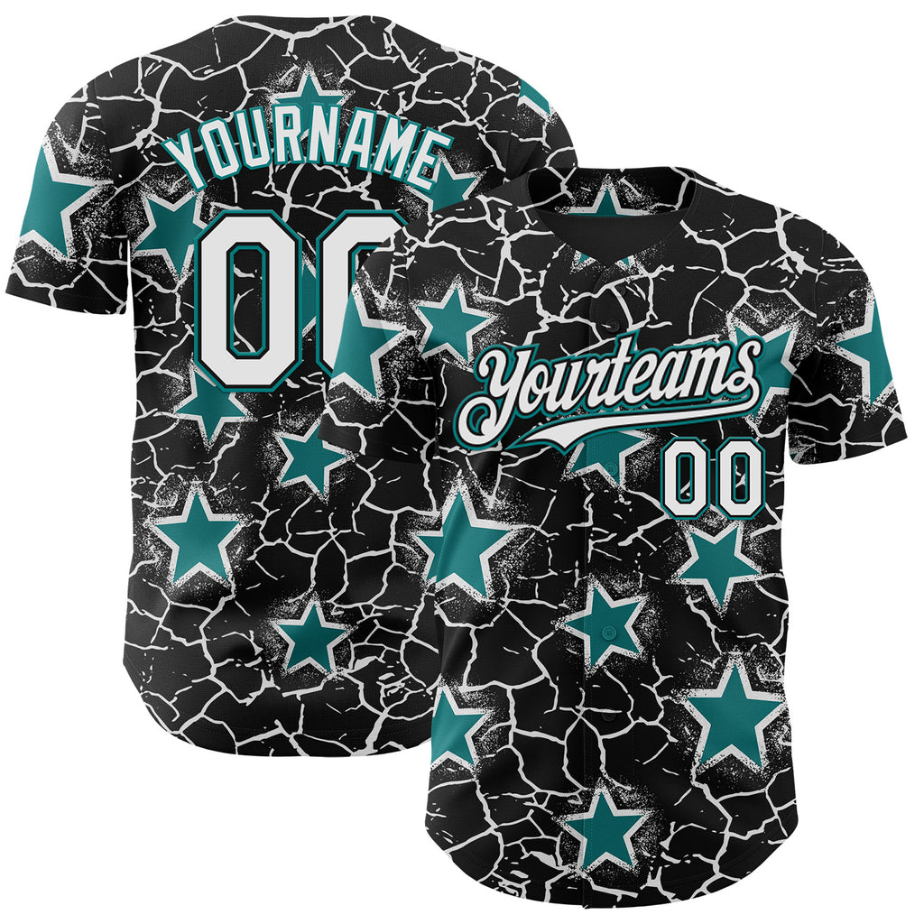 Custom Black White-Teal Cracked Pattern Graffiti Stars Authentic Baseball Jersey