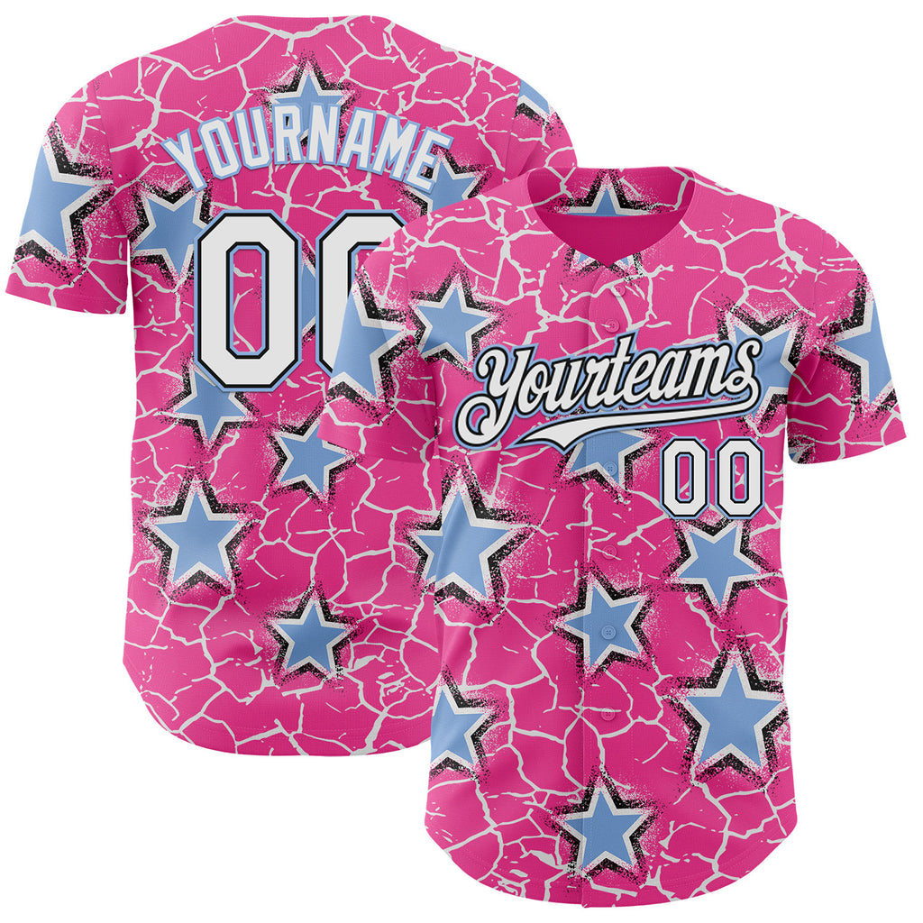 Custom Pink White Black-Light Blue Cracked Pattern Graffiti Stars Authentic Baseball Jersey