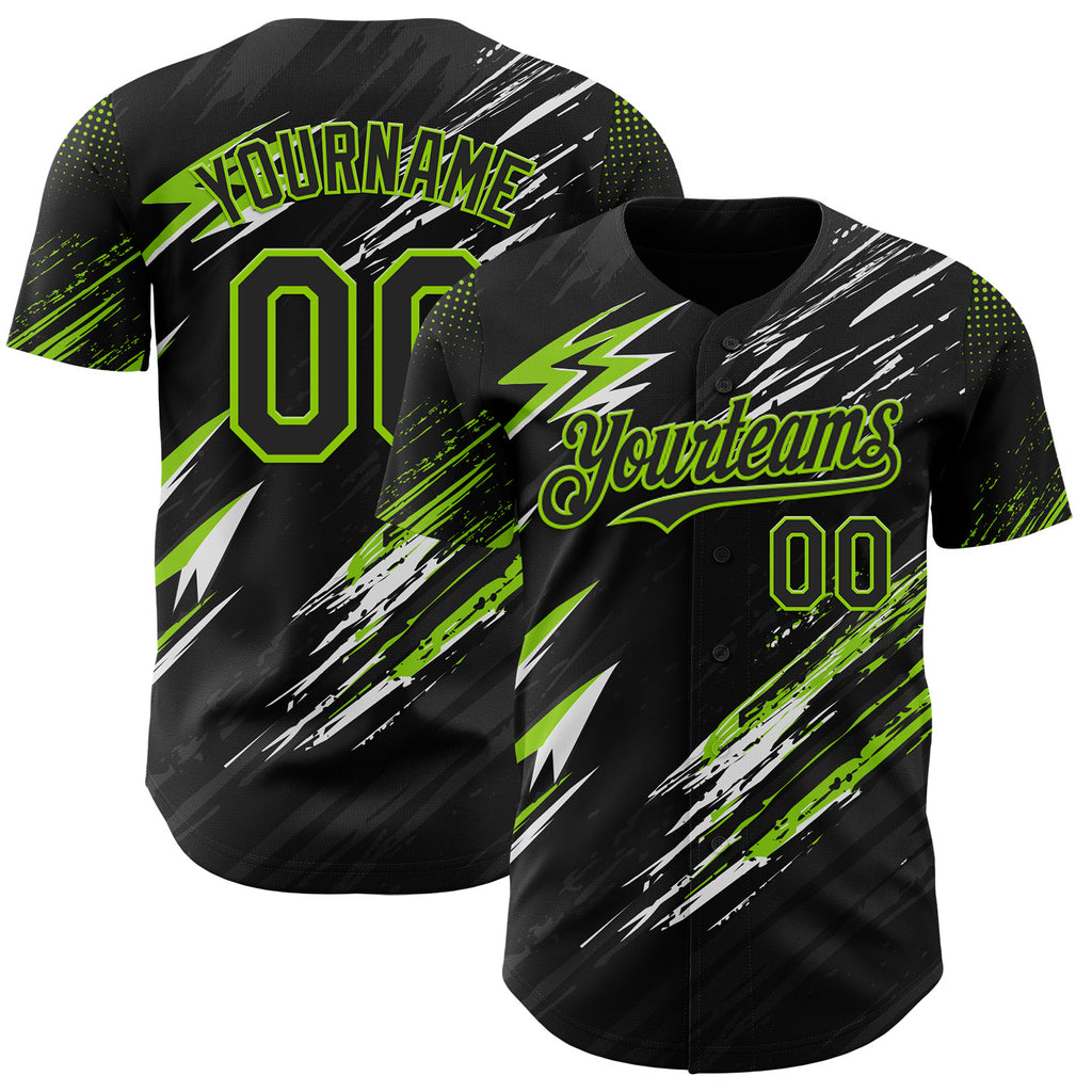 Custom Black Neon Green-White Diagonal Grunge Brush Stroke Halftone Authentic Baseball Jersey