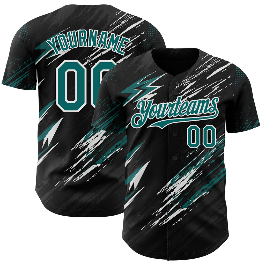 Custom Black Teal-White Diagonal Grunge Brush Stroke Halftone Authentic Baseball Jersey