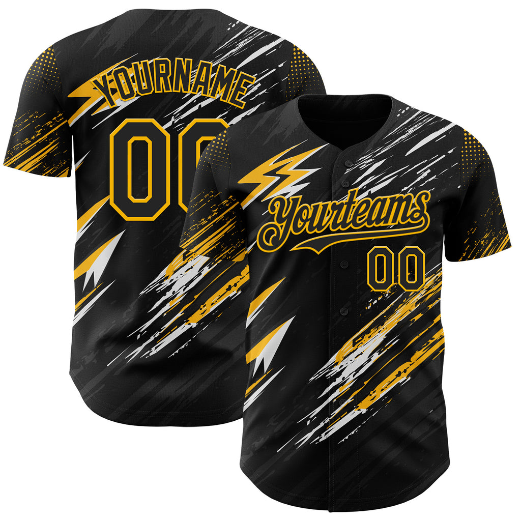 Custom Black Gold-White Diagonal Grunge Brush Stroke Halftone Authentic Baseball Jersey