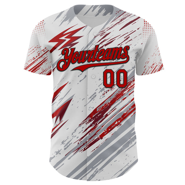 Custom White Red Gray-Black Diagonal Grunge Brush Stroke Halftone Authentic Baseball Jersey