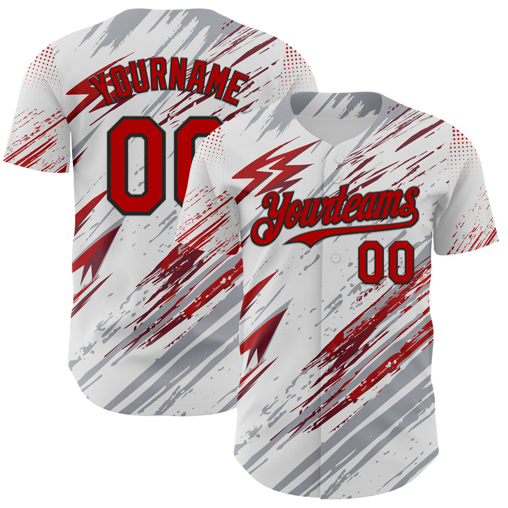 Custom White Red Gray-Black Diagonal Grunge Brush Stroke Halftone Authentic Baseball Jersey